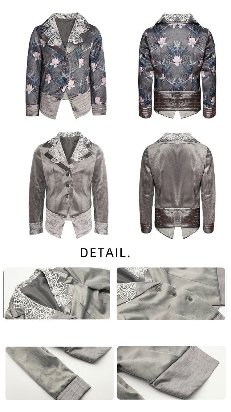Girls Silver Grey Velvet Blazer with Lace Collar – Vintage Princess Jacket for Weddings, Parties & Formal Wear (Ages 3–10)