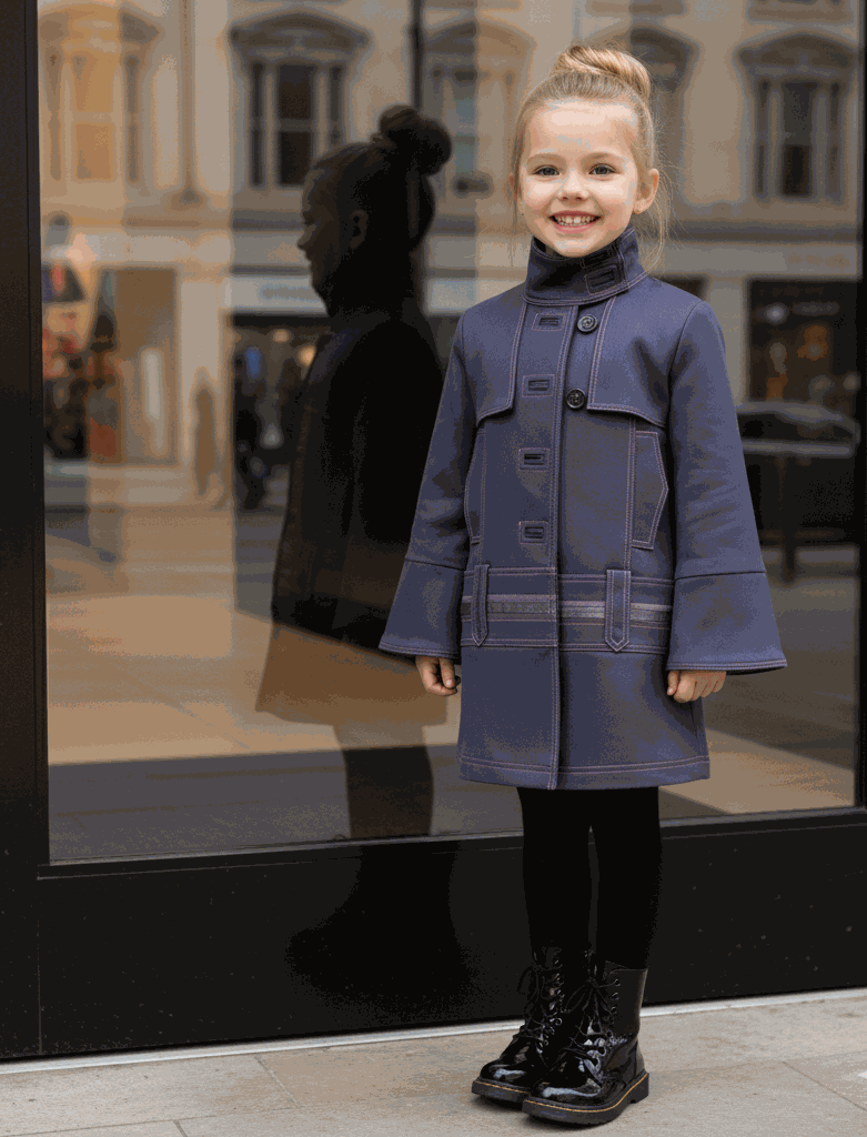 Girl wearing a double-breasted high-neck autumn winter coat for ages 3-10