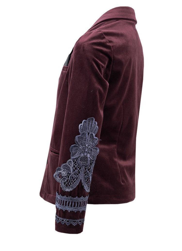 Boys dark red velvet blazer with vintage lace detail for formal events ages 6-14