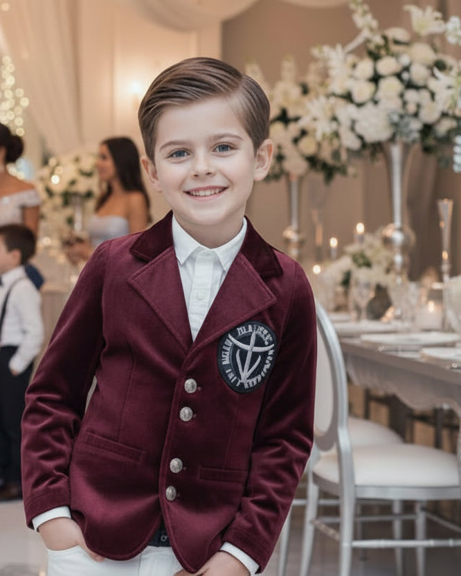 Boys Velvet Blazer Wine Red – Slim Fit Page Boy Jacket for Wedding, Party & Formal Occasions (Ages 3–7)