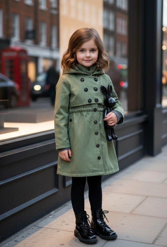 Girls autumn winter cotton trench dress coat in black for ages 3-7, windproof and waterproof.