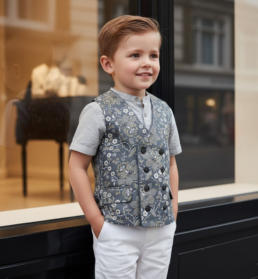 Boys Vintage Floral Waistcoat (2–7 Years) | Green Casual & Formal Toddler Vest