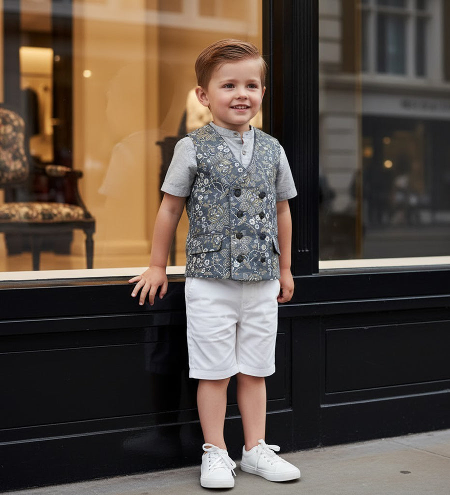 Boys Vintage Floral Waistcoat (2–7 Years) | Green Casual & Formal Toddler Vest