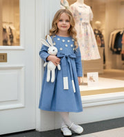 Girls vintage blue cotton dress with soft lining and long elegant silhouette for ages 3–10