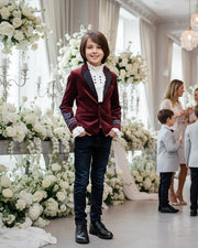 Boys dark red velvet blazer with vintage lace detail for formal events