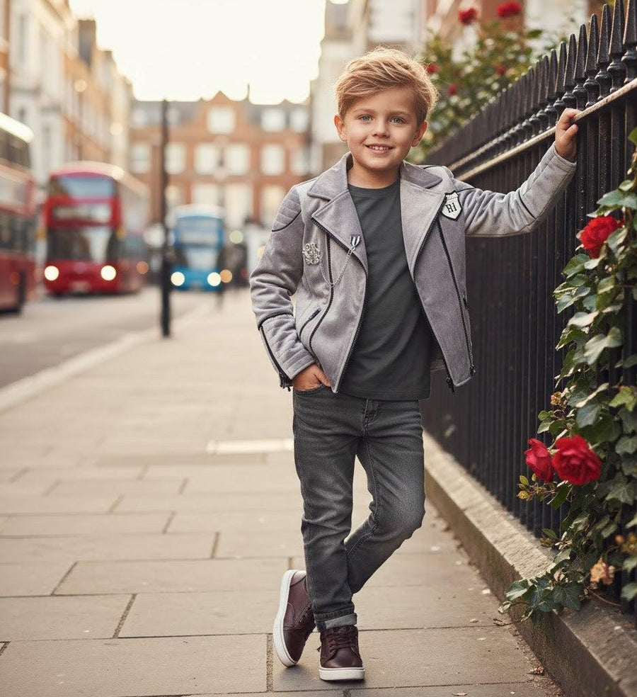 Light grey and green boys' velvet jacket for ages 3-9, stylish fall/winter casual wear
