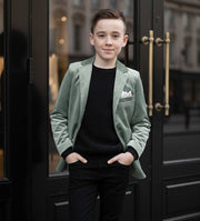 Boys green matte velvet blazer with tailored fit for smart casual and formal occasions