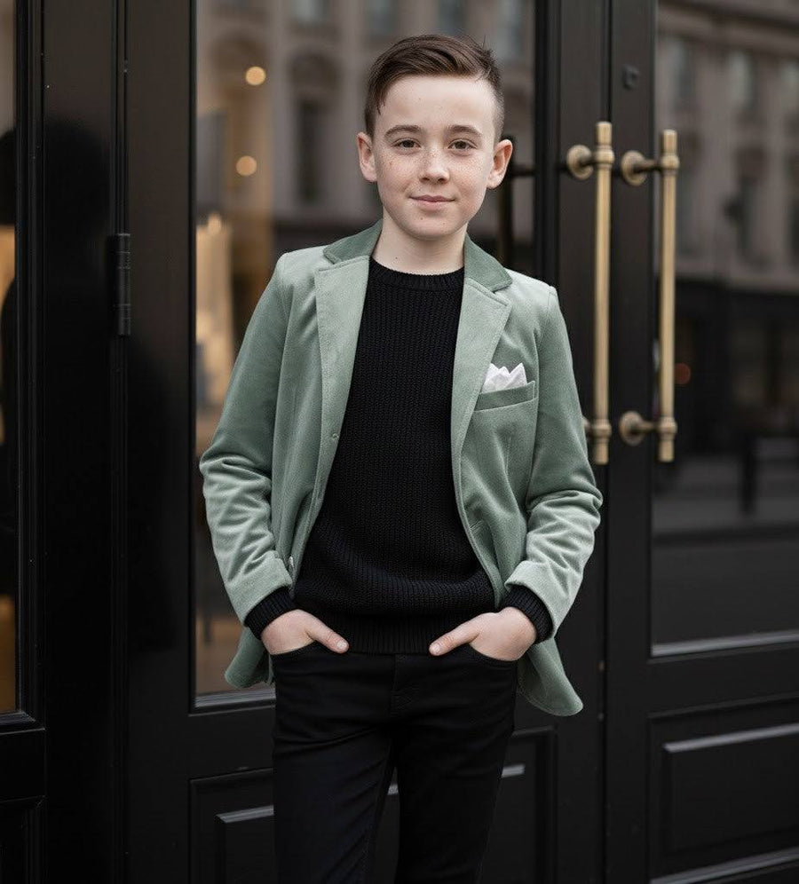 Boys green matte velvet blazer with tailored fit for smart casual and formal occasions