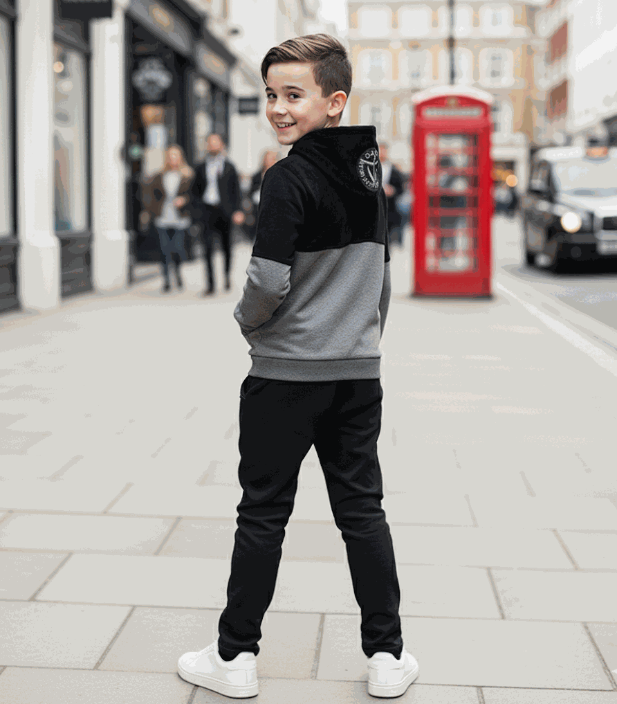 Black boys zip-up hoodie with splicing design for ages 3-9 years
