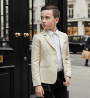Boys gold jacquard blazer tailored slim-fit formal jacket for ages 8–12 at weddings and parties