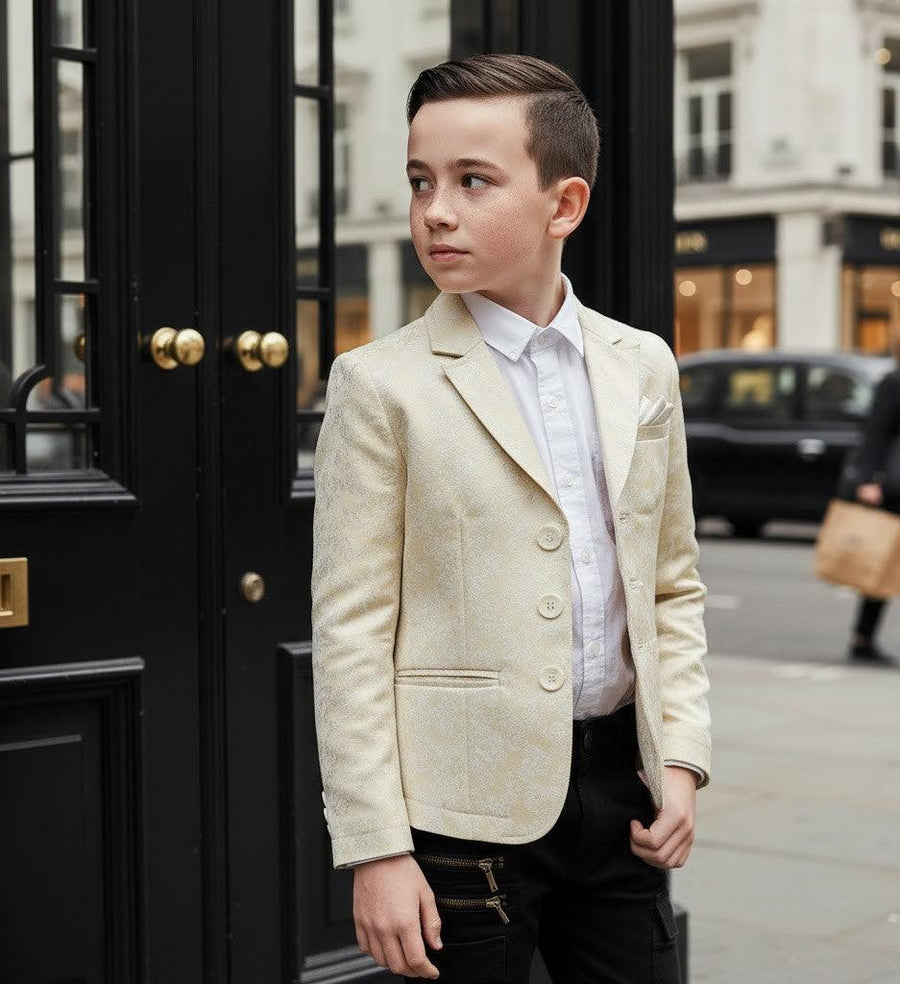 Boys gold jacquard blazer tailored slim-fit formal jacket for ages 8–12 at weddings and parties