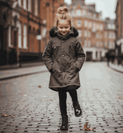 Girls' long padded winter coat with detachable faux fur hood for ages 2-7 years
