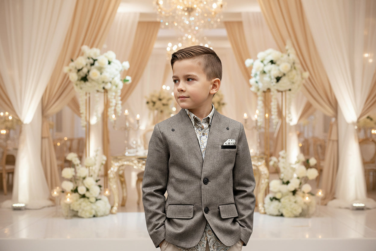Grey V-Neck Blazer for Boys – A Refined Jacket for Ceremonies & Everyday Elegance (Ages 3–9)