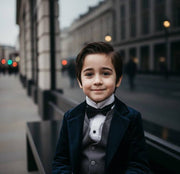 Boy wearing navy velvet blazer aged 6-9 in tailored fit for formal and everyday occasions