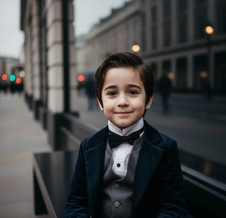 Boy wearing navy velvet blazer aged 6-9 in tailored fit for formal and everyday occasions
