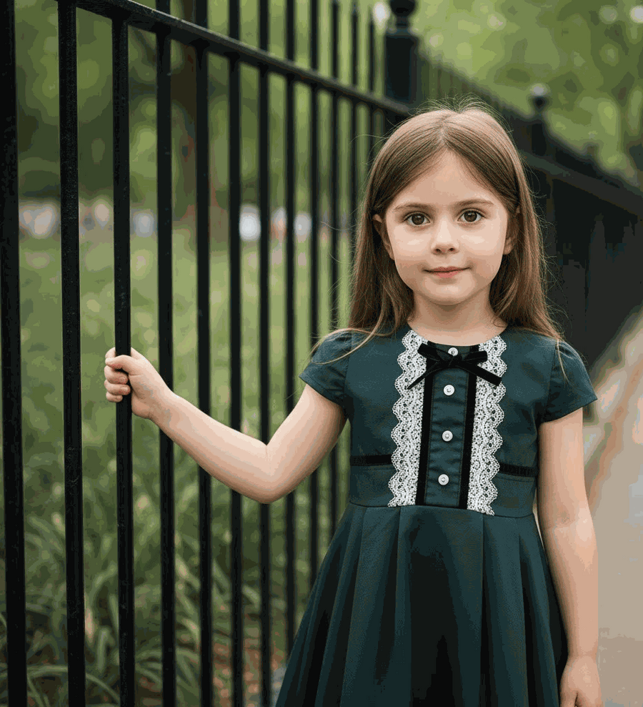 Girls wearing dark green lace vintage cotton A-line dress for ages 3-7 at a formal occasion