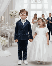 Boys navy velvet suit set with blazer and trousers for weddings and formal occasions