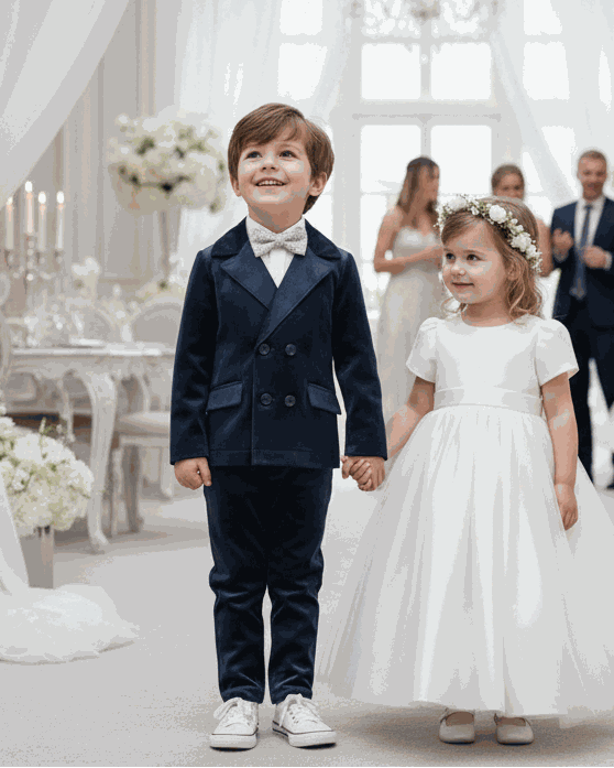 Boys navy velvet suit set with blazer and trousers for weddings and formal occasions