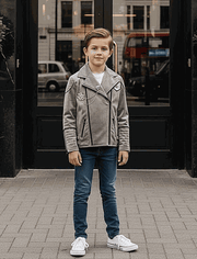 boys' velvet jacket light grey green color block fall winter casual wear ages 3-9 years