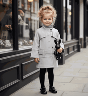 Girls high-neck autumn winter coat in blue cotton blend and light gray wool blend with double-breasted design for ages 3-10 years