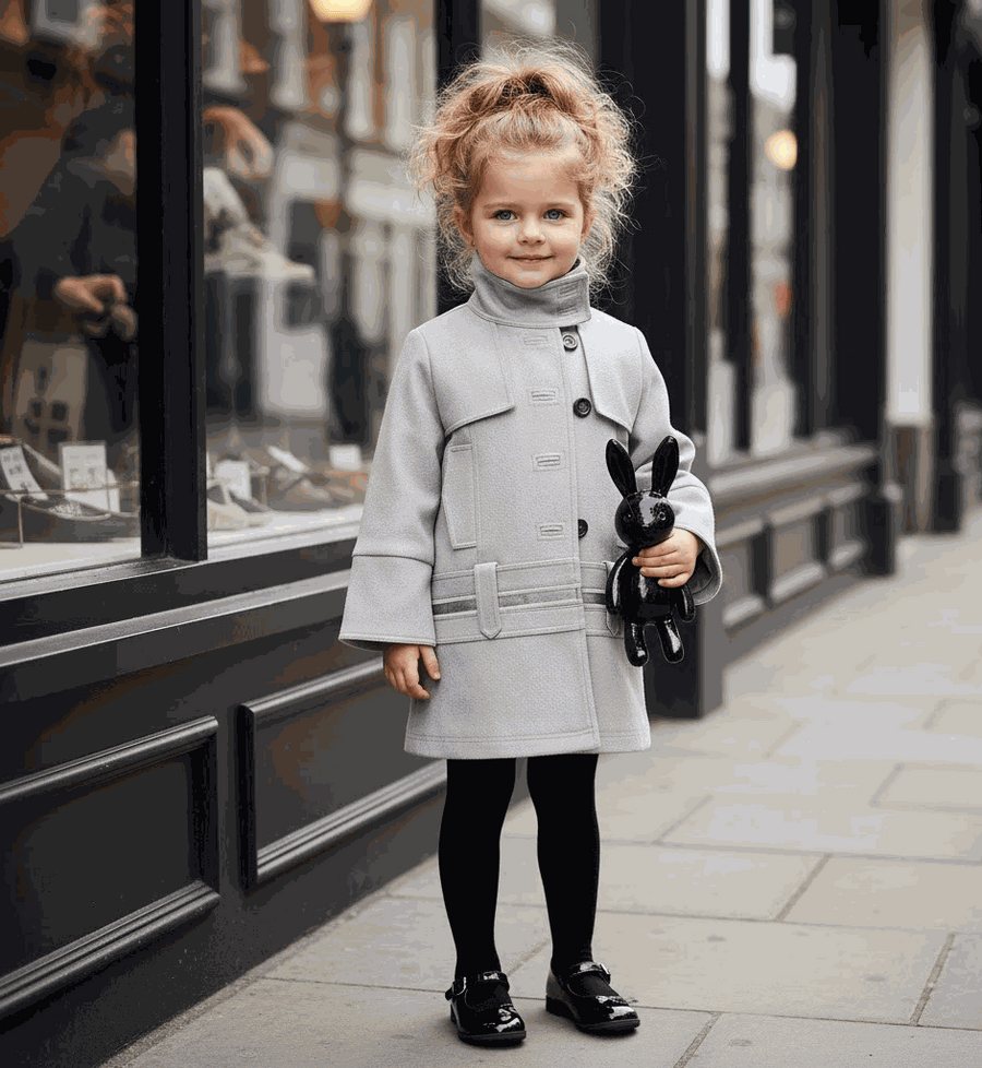 Girls high-neck autumn winter coat in blue cotton blend and light gray wool blend with double-breasted design for ages 3-10 years