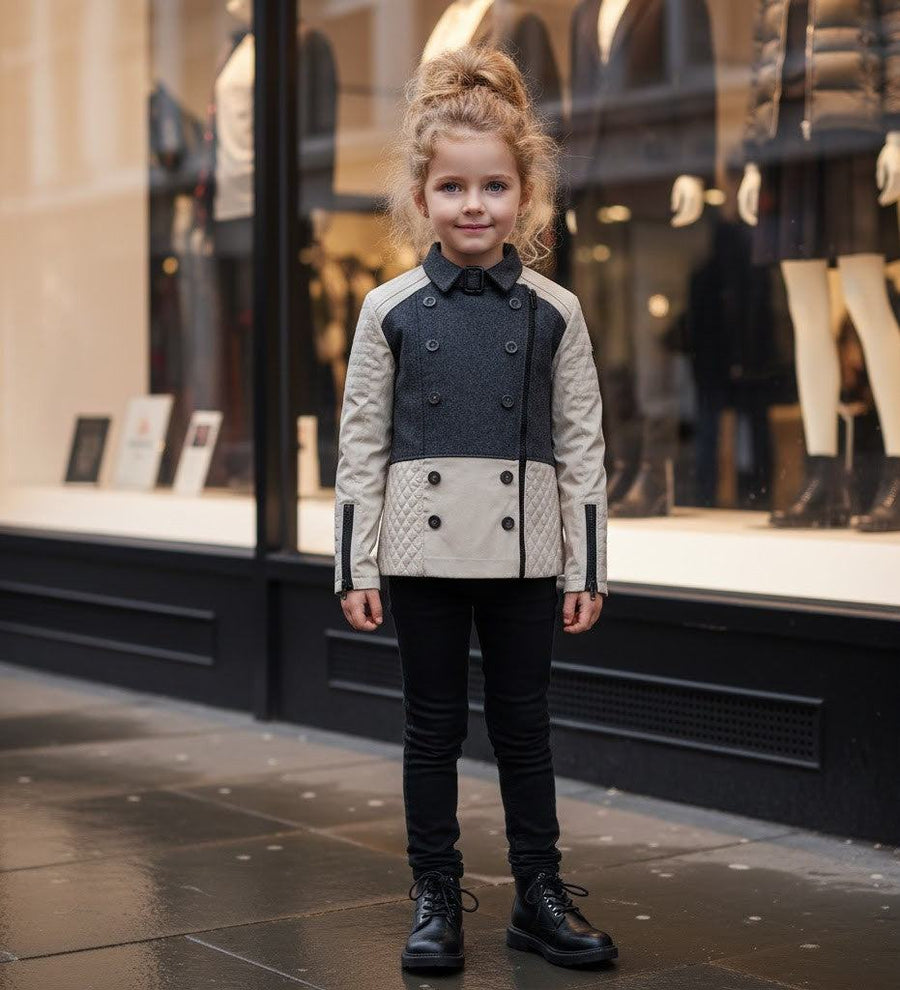 Girls Color Block Trench Coat in beige and dark gray for girls aged 4-12, stylish autumn winter outerwear with button-up front and belt tie