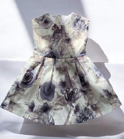 Girls smoke grey floral sleeveless A-line cocktail dress with elegant bow for flower girls aged 3–12