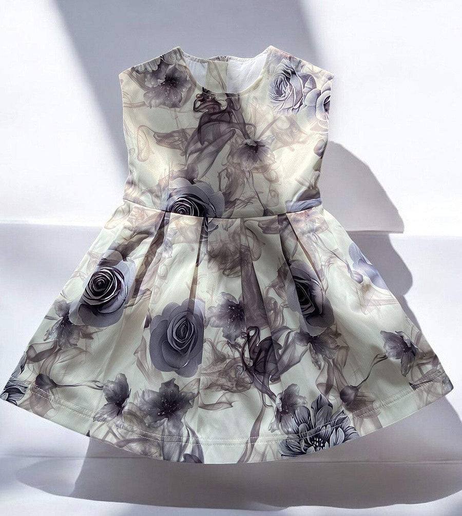 Girls smoke grey floral sleeveless A-line cocktail dress with elegant bow for flower girls aged 3–12