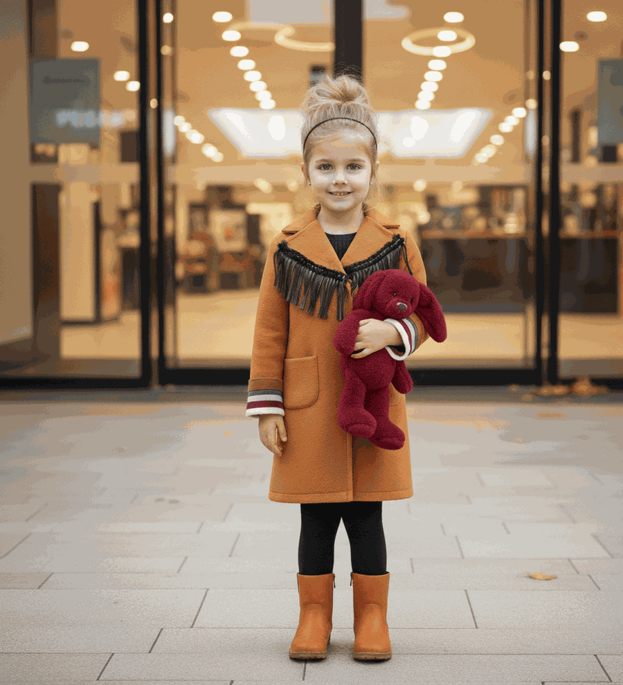 Cream and orange girls woolen long winter coat for ages 3-12 years, autumn 2025 design