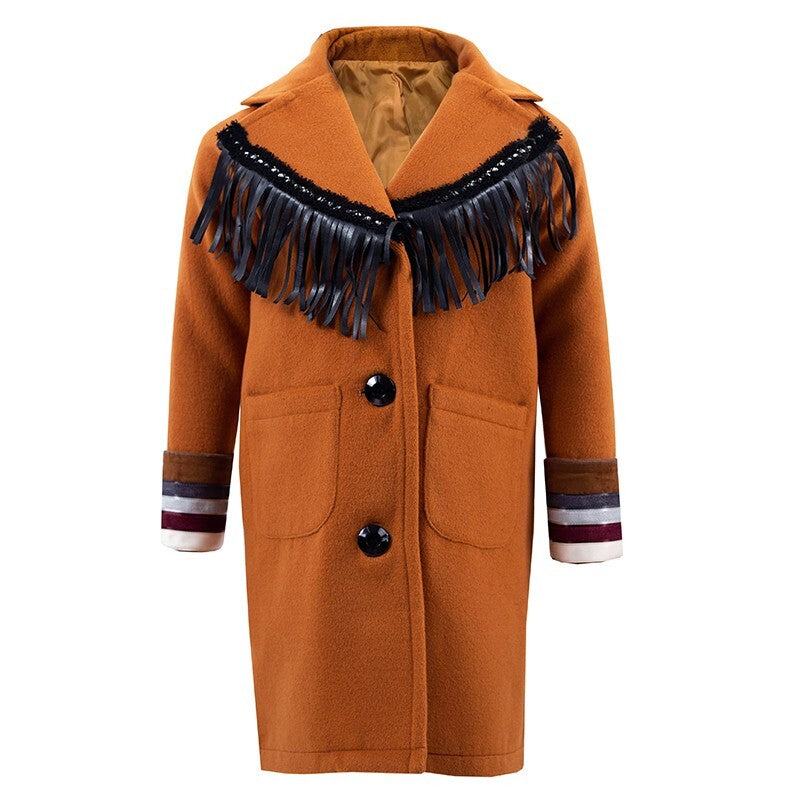 Cream and orange girls woolen long winter coat with button closure and full lining for ages 3-10 years