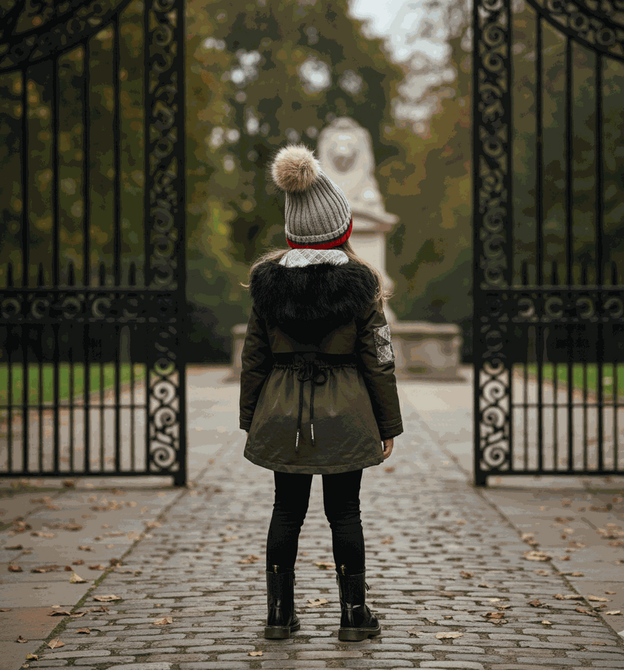 Girls' long padded winter coat with faux fur hood for ages 2-7 years