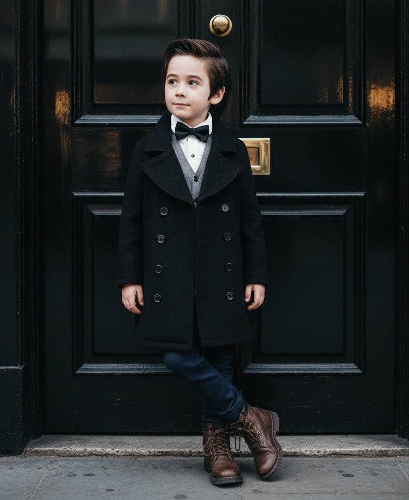Boys black cashmere coat stylish tailored wool blend outerwear for ages 3-12