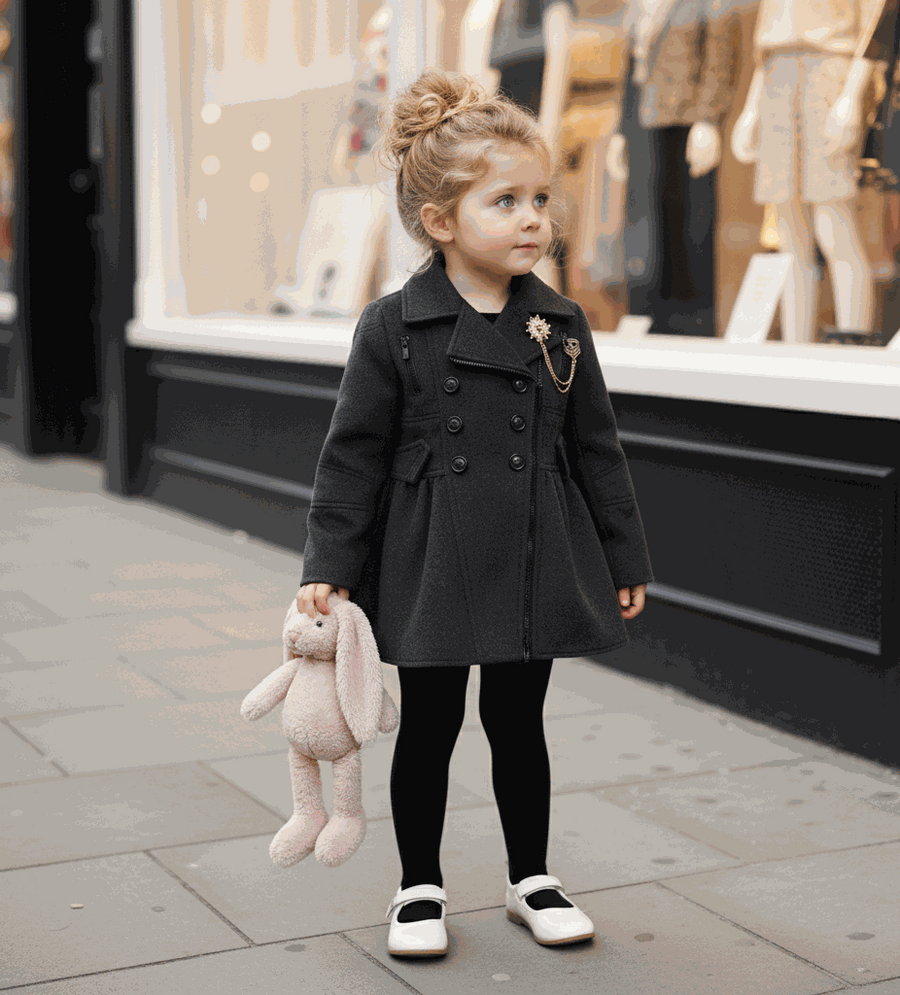 Toddler girl wearing warm wool-blend plaid winter coat with button closure, ages 3-5