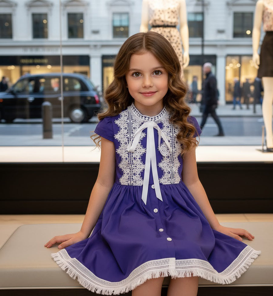 Girls Royal Blue Lace Occasion Dress – Vintage A-Line Cotton Dress for Weddings, Parties & Holiday Events (Ages 3–5)
