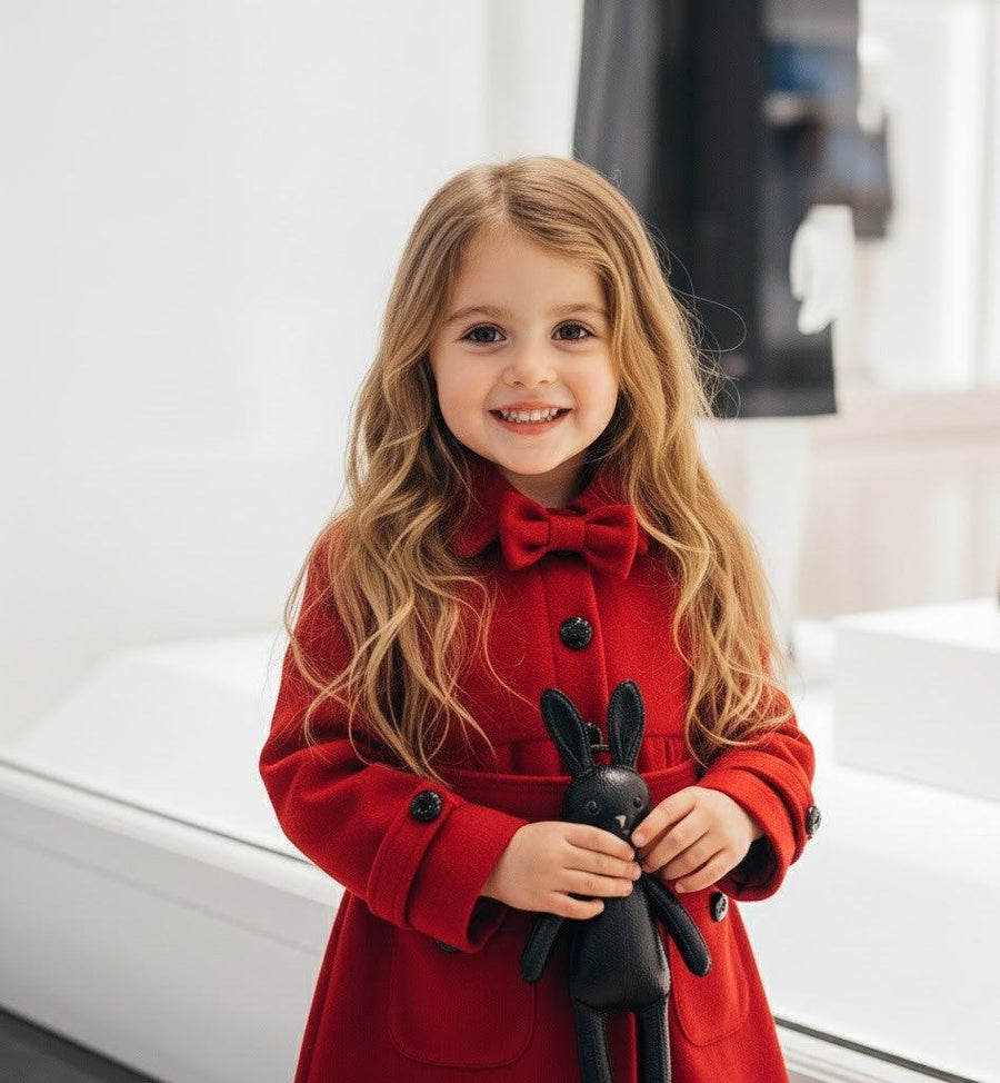 Toddler girl wearing elegant red cashmere long coat with black bow, autumn winter fashion for ages 3-5 years