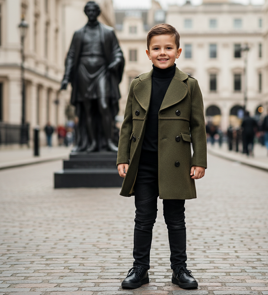 Children's Winter Double Breasted Wool Coat Thick Warm Military Jacket 3-12 Year