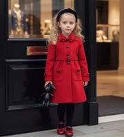 Girls wearing elegant red cashmere long coats with black bows for autumn and winter, ages 3-5 years