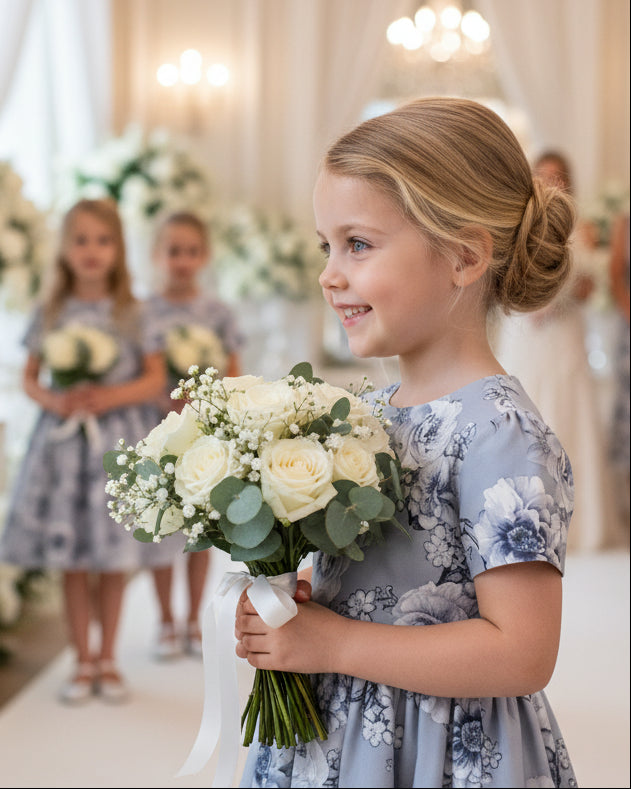 Girls Blue Floral Occasion Dress | Elegant A-Line Flower Girl Dress (3–10 Years)