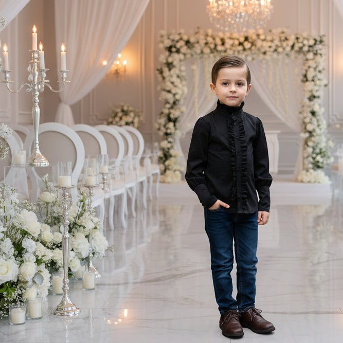 Boys black cotton shirt with vintage prince collar and long sleeves for formal occasions and smart casual wear ages 3-5