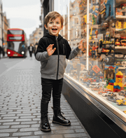 Black boys zip-up hoodie with color-block splicing design and attached hood for ages 3-9