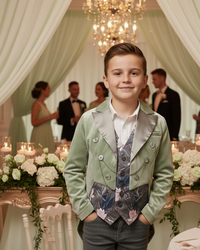 Boy's Formal Velvet Tuxedo Blazer Light Green Slim Fitchristmas party wear 4-12YBoys Light Green Velvet Tuxedo Blazer – Slim Fit Dinner Jacket for Weddings, Parties & Holiday Events (Ages 4–12)
