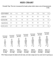 Kids Double Breasted Trench Coat size chart with height, chest, length, sleeve and shoulder measurements for ages 2–12 years.