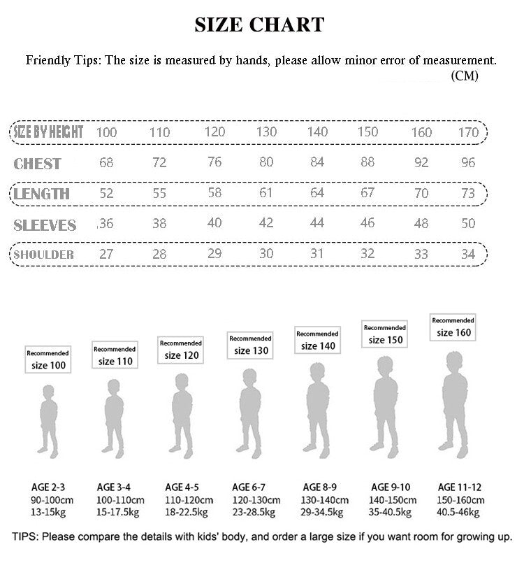 Kids Double Breasted Trench Coat size chart with height, chest, length, sleeve and shoulder measurements for ages 2–12 years.