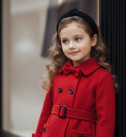 Girls' red cashmere long coat with black bow detail for 3-5 years, elegant autumn winter wear
