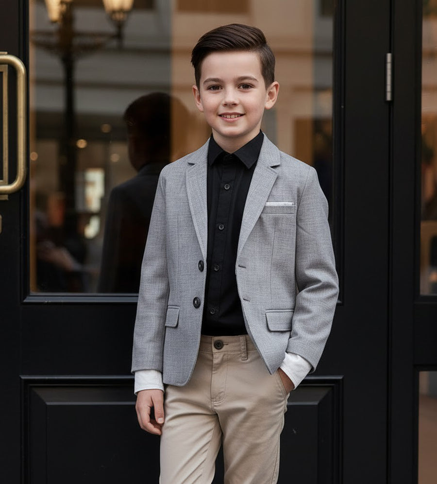 Boys Grey Casual Blazer with Double Cuffs (3–10 Years) | Smart Casual & Party Jacket
