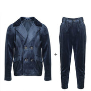boys navy velvet suit set with blazer and trousers for weddings and formal occasions