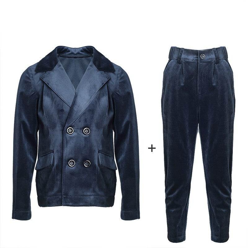 boys navy velvet suit set with blazer and trousers for weddings and formal occasions