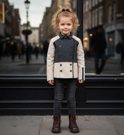 Girls Color Block Trench Coat beige and dark gray autumn jacket for girls aged 4-12 years