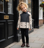 Girls Color Block Trench Coat in beige and dark gray for ages 4-12, autumn winter jacket for girls