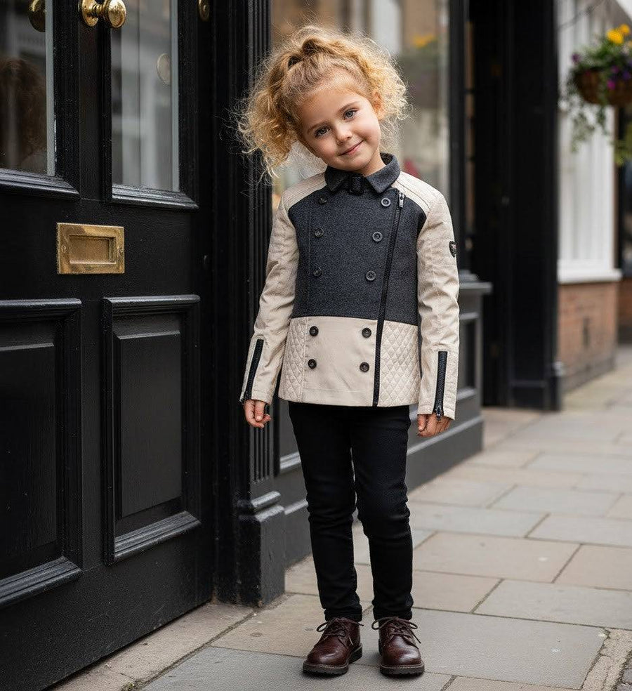 Girls Color Block Trench Coat in beige and dark gray for ages 4-12, autumn winter jacket for girls